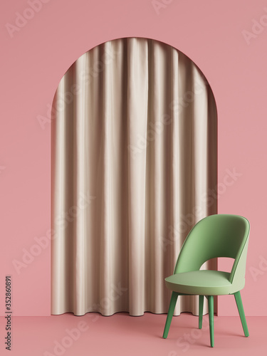 Green chair in moderne style in pink room with arc and curtain