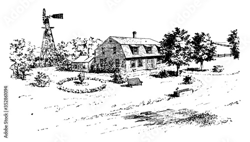 Farmhouse With Garden, vintage illustration.