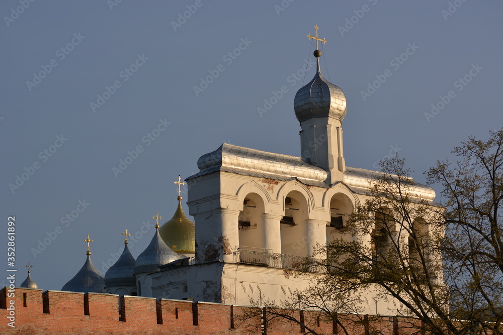 Novgorod Kremlin. Veliky Novgorod. Belfry and domes of the cathedral. Spring view