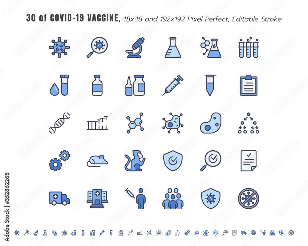 Simple Set of Covid-19, Coronavirus Vaccine Development Line Outline Icons. such Icons as Clinical Research, Antibody, Laboratory, Immune, Treatment, Injection, 48x4 Pixel Perfect. Editable Stroke.