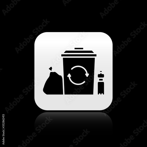 Black Recycle bin with recycle symbol icon isolated on black background. Trash can icon. Garbage bin sign. Recycle basket. Silver square button. Vector Illustration