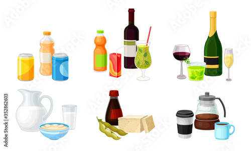 Different Drinks in Bottles and Cans with Sparkling Water and Wine Vector Set