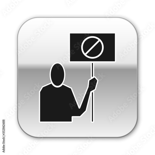 Black Nature saving protest icon isolated on white background. Earth planet protection, environmental issues demonstration. Silver square button. Vector Illustration