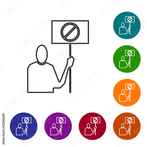 Black line Nature saving protest icon isolated on white background. Earth planet protection, environmental issues demonstration. Set icons in color circle buttons. Vector Illustration