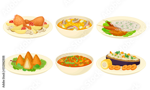 Dishes with Meat and Vegetables Served on Plate Vector Set