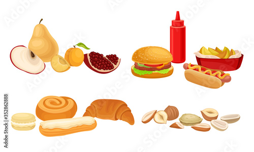 Food Compositions with Sugary Dessert, Fruits and Fast Food as Harmful and Healthy Nutrition Vector Set