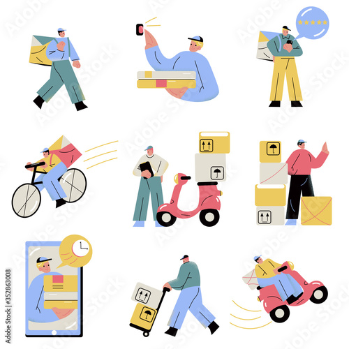 Young men couriers working with orders delivery vector illustration