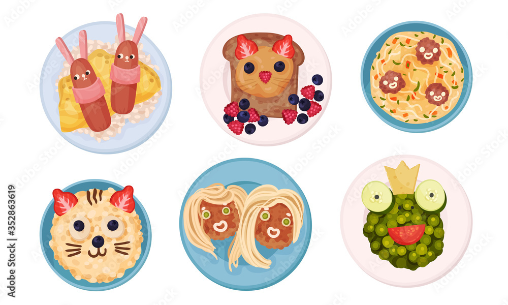Breakfast Plating with Food Arranged in Childish Animal Shapes Vector Set