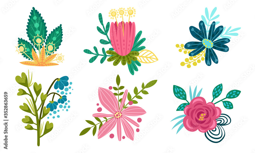Fancy Shaped Floral Compositions with Green Branches and Flower Buds Vector Set