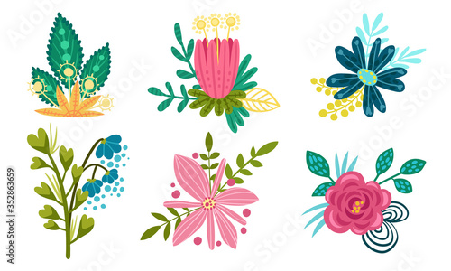 Fancy Shaped Floral Compositions with Green Branches and Flower Buds Vector Set