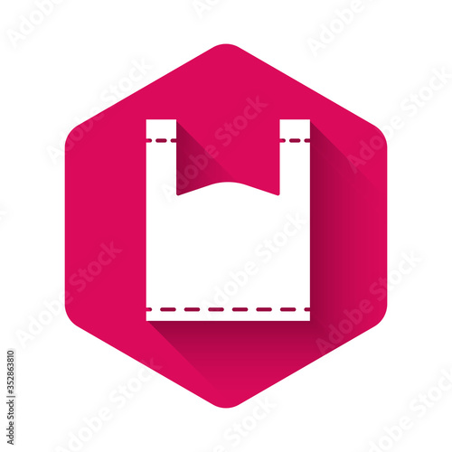White Plastic bag icon isolated with long shadow. Disposable cellophane and polythene package prohibition sign. Pink hexagon button. Vector Illustration
