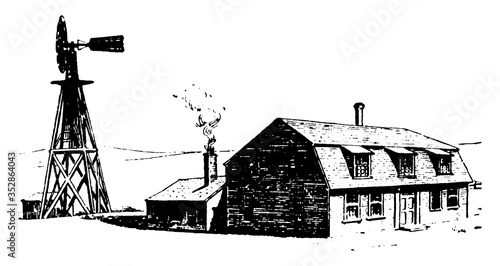 Farm House, vintage illustration.
