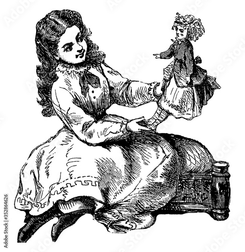 Girl Playing With Doll, vintage illustration.