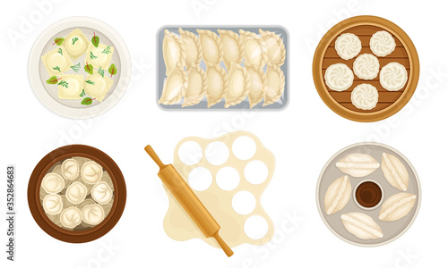 Cooked Dumplings Rested on Plate and Rolling Pin Rolling out Pastry Vector Set