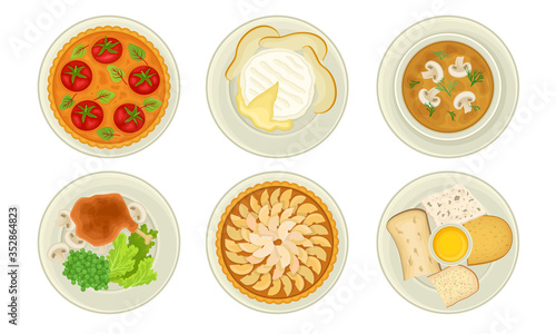 French Starters and Main Courses with Mushroom Cream Soup and Cheese Plate Vector Set