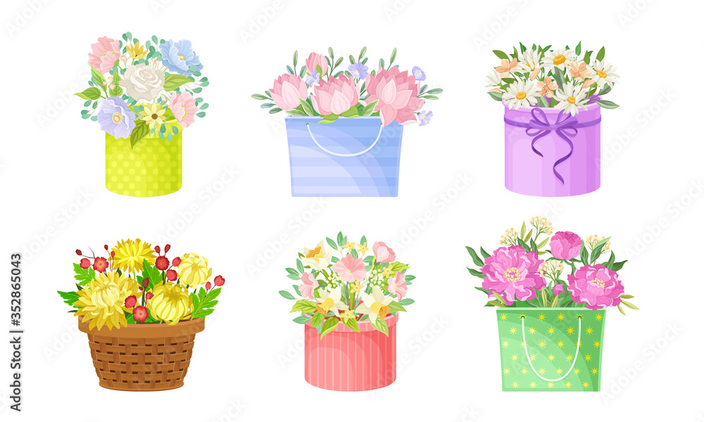 Flower Bouquets and Bunches Rested in Basket and Carton Gift Box Vector Set