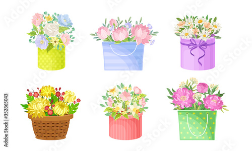 Flower Bouquets and Bunches Rested in Basket and Carton Gift Box Vector Set