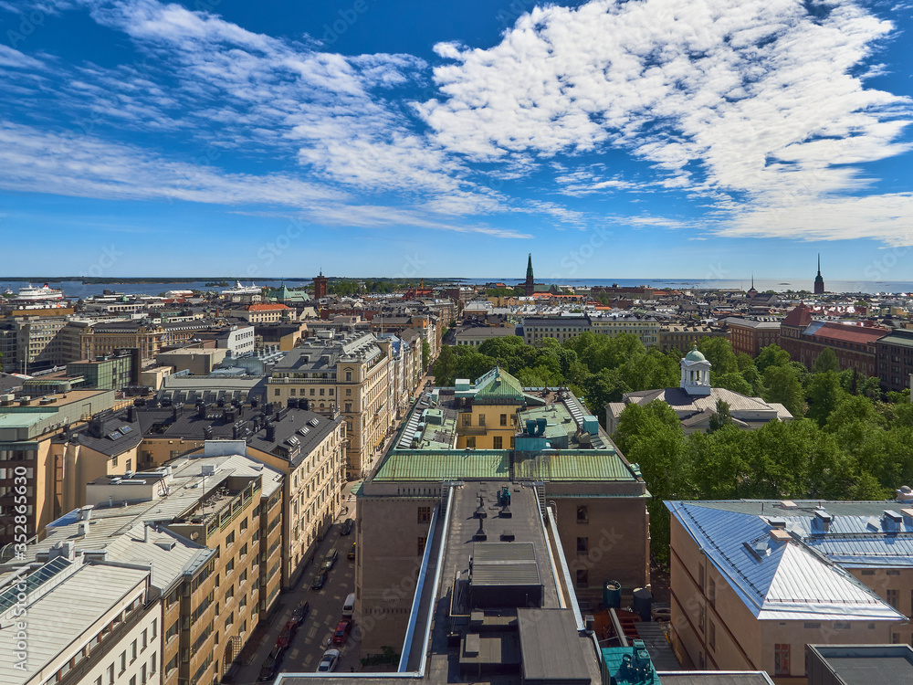 Helsinki panorama from the highest point in the city center in summer.