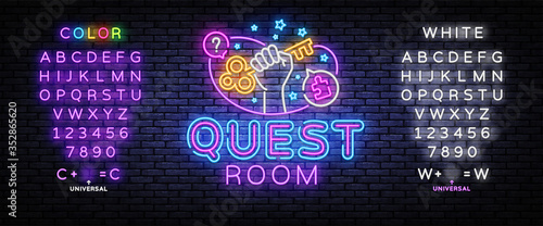 Escape room neon sign vector. Quest room Design template, light banner, night signboard, nightly bright advertising, light inscription. Vector illustration. Editing text neon sign