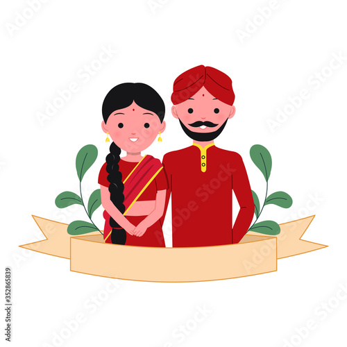 Indian couple wedding template. Man and Woman pair decorated with ribbon and floral.