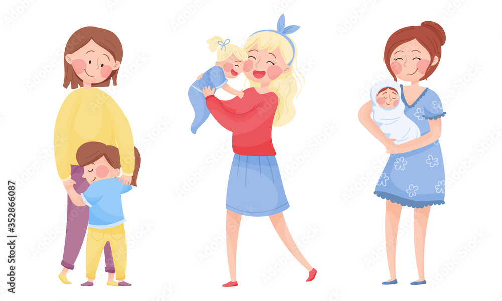 Happy Mothers Cuddling Their Kids Holding with Arms Vector Set Happy Mothers Cuddling Their Kids Holding with Arms Vector Set
