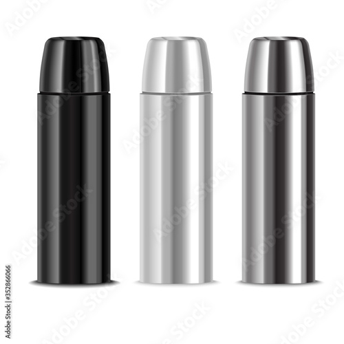 Realistic 3d Detailed Shiny Metal Thermos Set. Vector