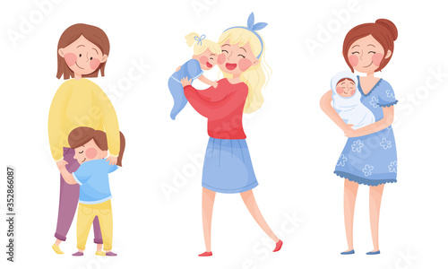 Happy Mothers Cuddling Their Kids Holding with Arms Vector Set