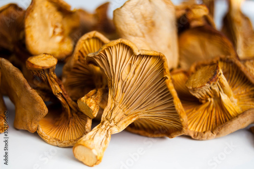 Dried chanterelle mushrooms close-up on a white background.Dried chanterelles bright yellow-orange color. Harvesting dried mushrooms. Photo for chanterelle recipes. Forest mushrooms.