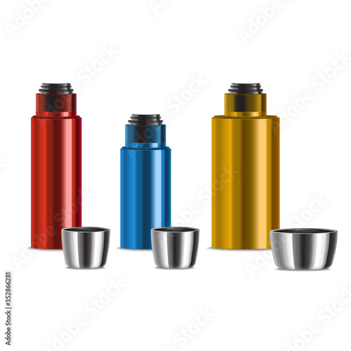 Realistic 3d Detailed Shiny Color Metal Thermos Set. Vector