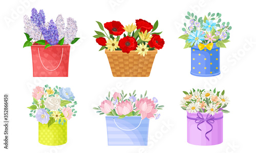 Flower Bouquets and Bunches Rested in Basket and Carton Gift Box Vector Set © Happypictures