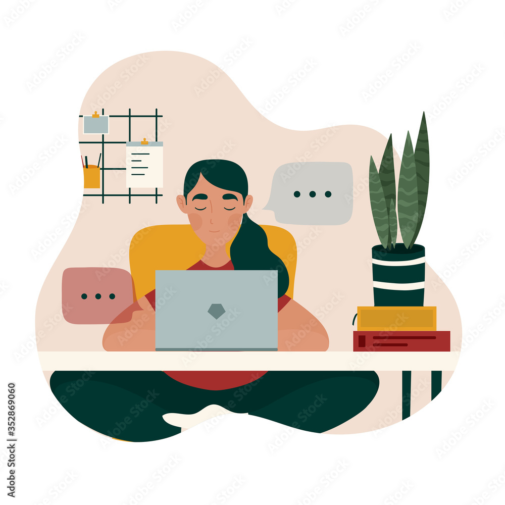 Fototapeta premium Home office concept vector illustration. Woman sitting on the chair at the table. Online meeting or conversation, virtual call. Study or work from home.