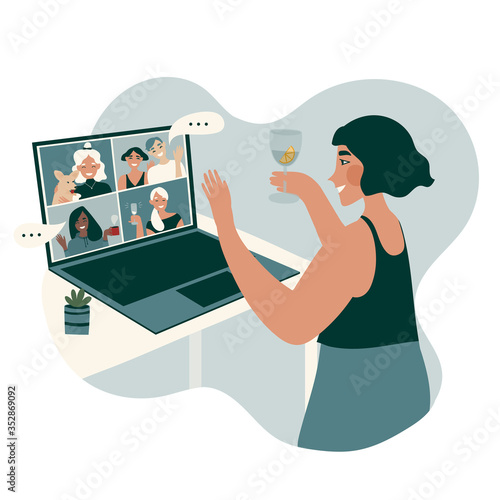 Cozy covid-19 quarantine evening at home on virtual online party meeting with boys and girls and glass of wine or cup of tea. Fun friends web conference vector illustation. Character design.