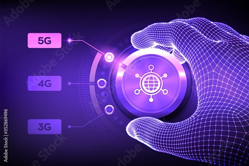 5G network wireless systems and internet of things. Wireframe hand turning the mobile network selector button to the next 5G generation. Telecommunication standards concept. Vector illustration.