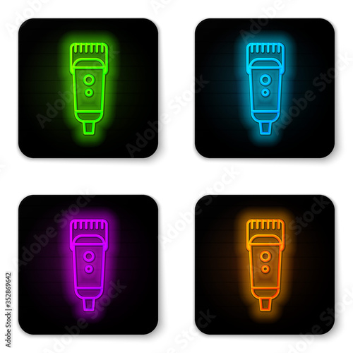 Glowing neon line Electrical hair clipper or shaver icon isolated on white background. Barbershop symbol. Black square button. Vector Illustration