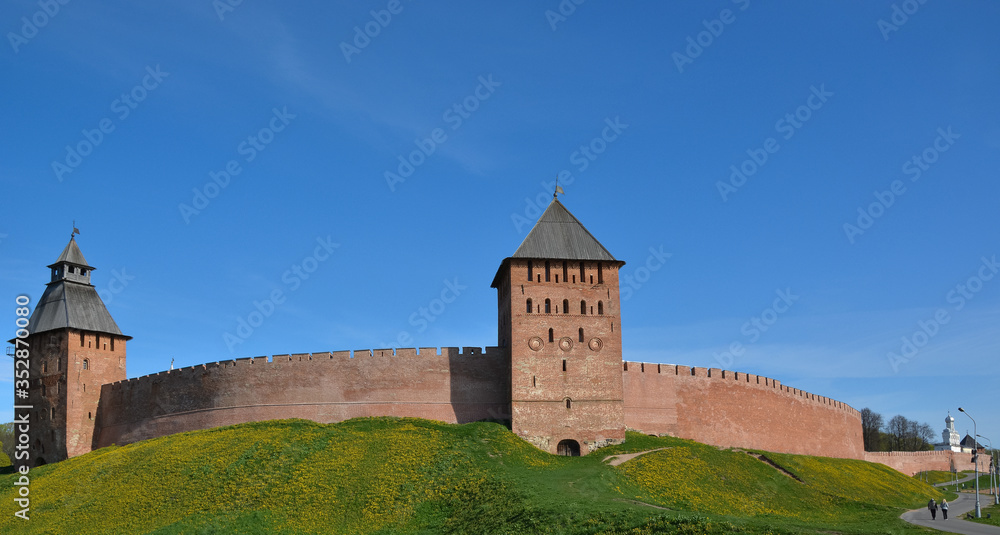 Panorama of the Novgorod Kremlin. Veliky Novgorod. Spring view