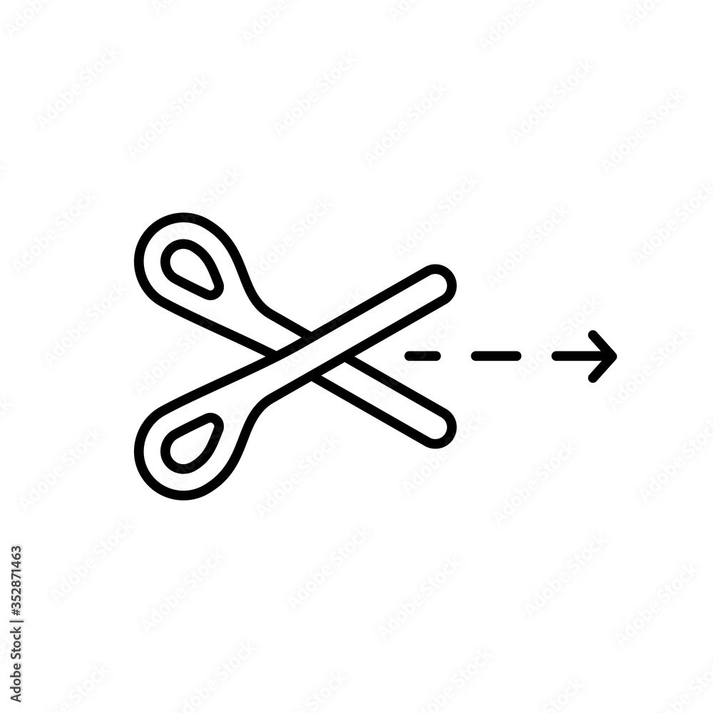 Tear line with direction. Scissors with dotted line and arrow. Linear icon of package opening indicator. Black simple illustration of cutting pointer. Contour isolated vector emblem, white background Tear line with direction. Scissors with dotted line and arrow. Linear icon of package opening indicator. Black simple illustration of cutting pointer. Contour isolated vector emblem, white background
