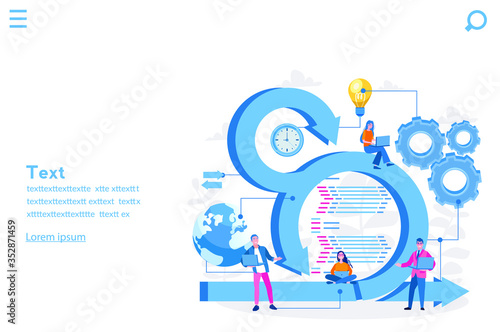 Scrum Framework, Team discussing tasks at Kanban board. Vector illustration for web banner, infographics, mobile. Scrum meeting, conversation, working on laptop. 