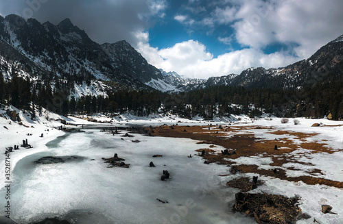 Snowy mountains and lake landscape
