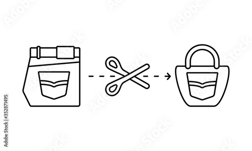 Linear sketchy image of handmade, upcycle. DIY bag made of pants. Black sewing illustration, reuse of cloth, reasonable consumption. Contour isolated vector scheme with simple icons, white background