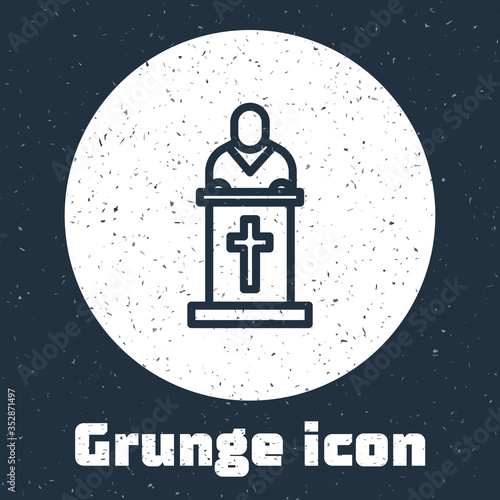 Grunge line Church pastor preaching icon isolated on grey background. Monochrome vintage drawing. Vector Illustration