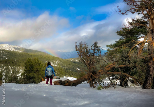girl and rainbow in the forest