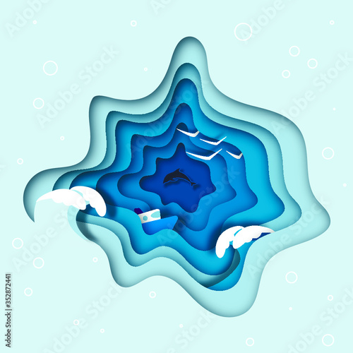 Paper nautical illustration, side sea view with 3D effect. Marine image with a boat, waves, dolphin and seagulls in blue colors.