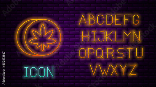 Glowing neon line Herbal ecstasy tablets icon isolated on brick wall background. Neon light alphabet. Vector Illustration