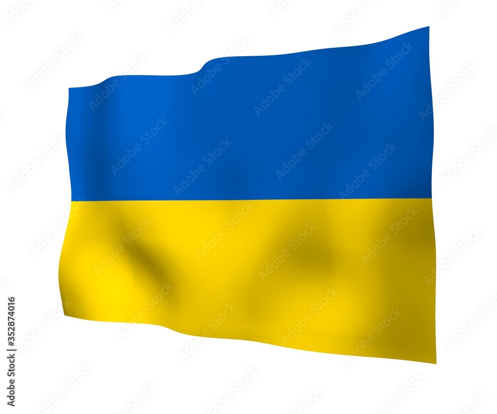 The flag of Ukraine on a white background. National flag and state ensign. Blue and yellow bicolour. 3D illustration waving flag The flag of Ukraine on a white background. National flag and state ensign. Blue and yellow bicolour. 3D illustration waving flag