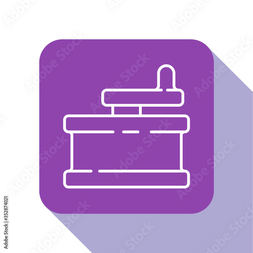 White line Manual grinder icon isolated on white background. Purple square button. Vector Illustration