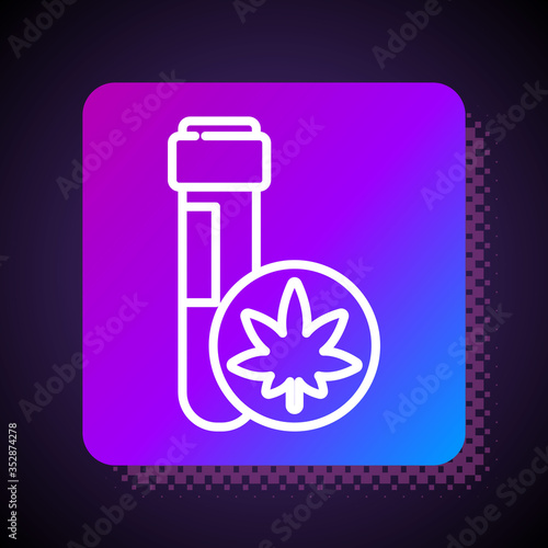 White line Chemical test tube with marijuana or cannabis leaf icon isolated on black background. Research concept. Laboratory CBD oil. Square color button. Vector Illustration
