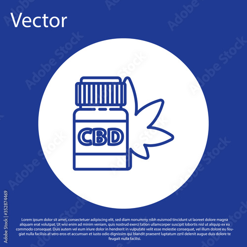 Blue line Medical bottle with marijuana or cannabis leaf icon isolated on blue background. Mock up of cannabis oil extracts in jars. White circle button. Vector Illustration