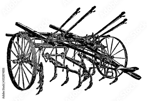 Double Row Shovel Cultivator, vintage illustration.