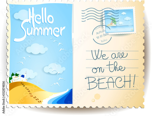 Summer postcard with seascape, stamp, postmark and text
