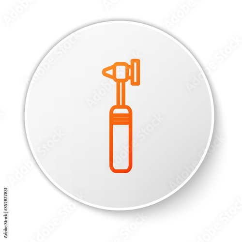 Orange line Medical otoscope tool icon isolated on white background. Medical instrument. White circle button. Vector Illustration